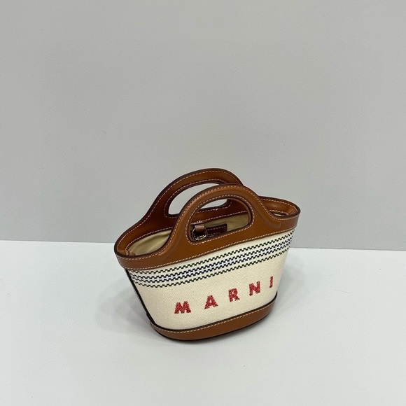Marni Handbags - Marni Mini Canvas Tote with Tan Leather Trim and Red Logo
